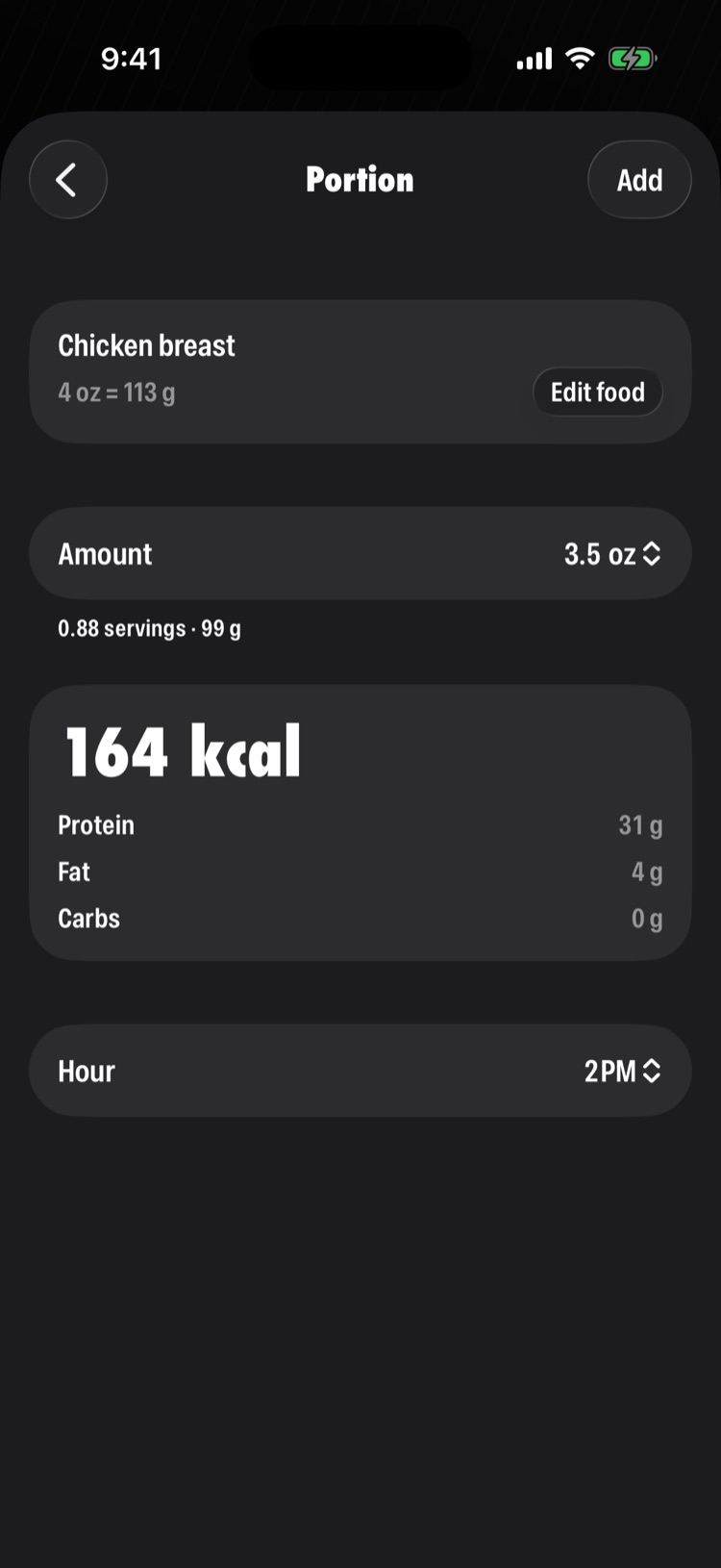 The portion sheet: an amount of 3.5 oz with its servings and grams, and the calories it comes to.