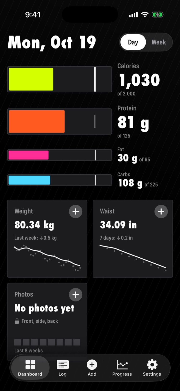 Mahway's Today screen with calorie and macro bars.